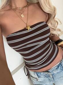 SHEIN EZwear 女士休闲条纹侧抽绳抹胸上衣 - 棕色 - 查看 5