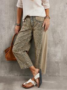 EMERY ROSE 女士休闲复古豹纹拼接低腰牛仔裤 - 淺灰色 - 查看 7