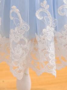 Glamorique Kids Baby Girl Elegant Blue White Summer Birthday Princess Dress Charming Velvet Puff Short Sleeve Double-Layer Mesh Embroidered Floral Trim Snug Fit - Blue - View 5