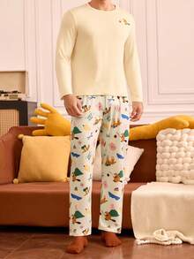 Notgurli Men Cartoon Print Long Sleeve Pants Pajama Set - White - View 6