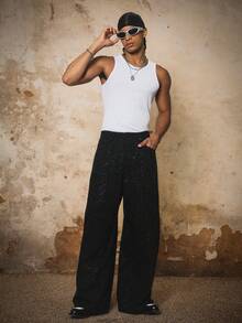 PAVTROS 男士休闲超宽松黑色亮片裤，闪亮质感面料，秋冬街头风，派对服装，圣诞节装扮，圣诞礼物，INS街头风，男女皆宜，男友礼物，男士阔腿裤，男士褶裥西装裤 - 黑色 - 查看 5