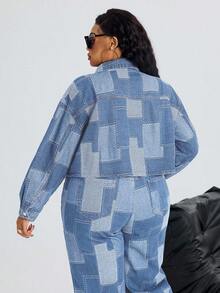 Slaydiva Plus Size Women Denim Blue Inelastic Jacquard Short Sleeve Jacket, Cowgirl Style Summer Rodeo - Light Wash - View 2