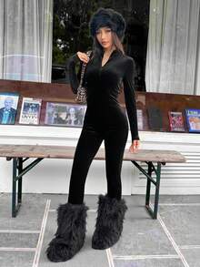 SHEIN EZwear 女士天鹅绒前拉链紧身连身裤 - 黑色 - 查看 4