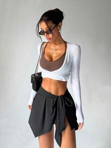 Easithlete 纯色腰部打结运动裙（不含紧身裤）网球裙 - 黑色 - 查看 2