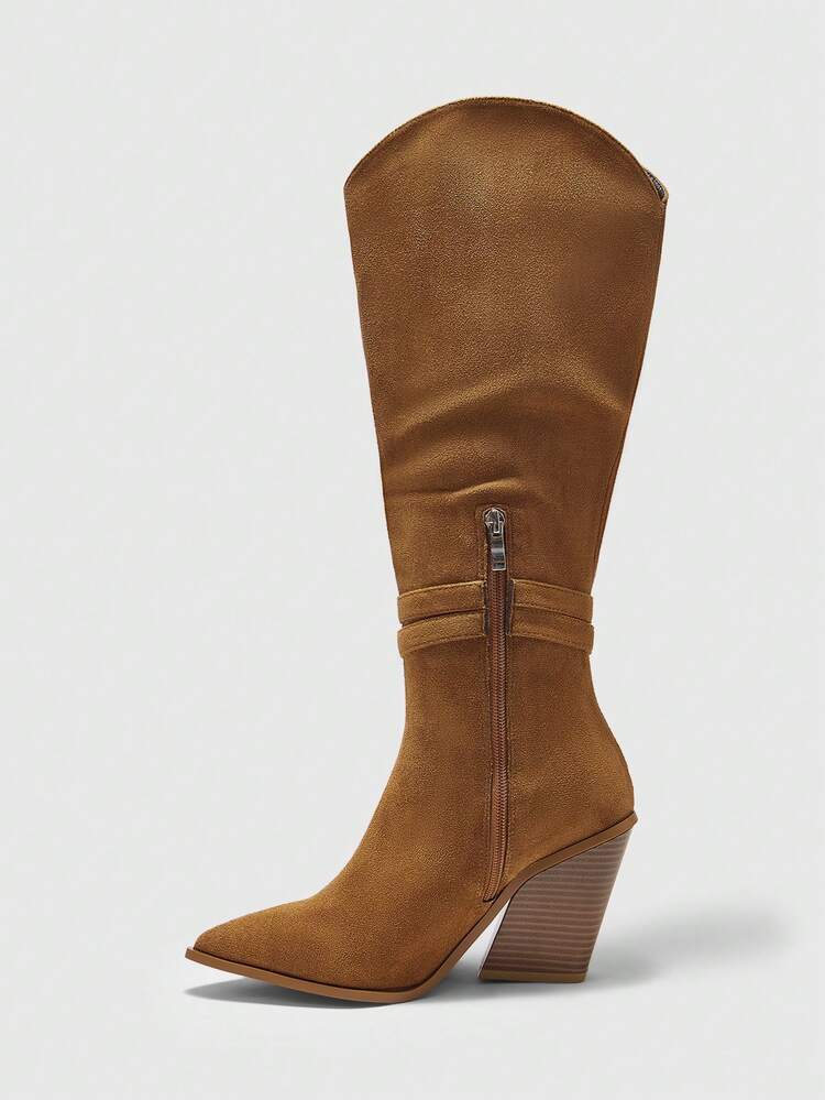 CUCCOO BIZCHIC Women's New Mid-Calf Boots, Western Style Boots, Brown, Minimalist Design, Versatile, Chunky Heel, Comfortable & Fashionable For Christmas