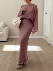 EURMUSE Women Stitch Detailed Round Neck Drop Shoulder Pullover & Sweater Skirt Set - Dusty Pink - View 8