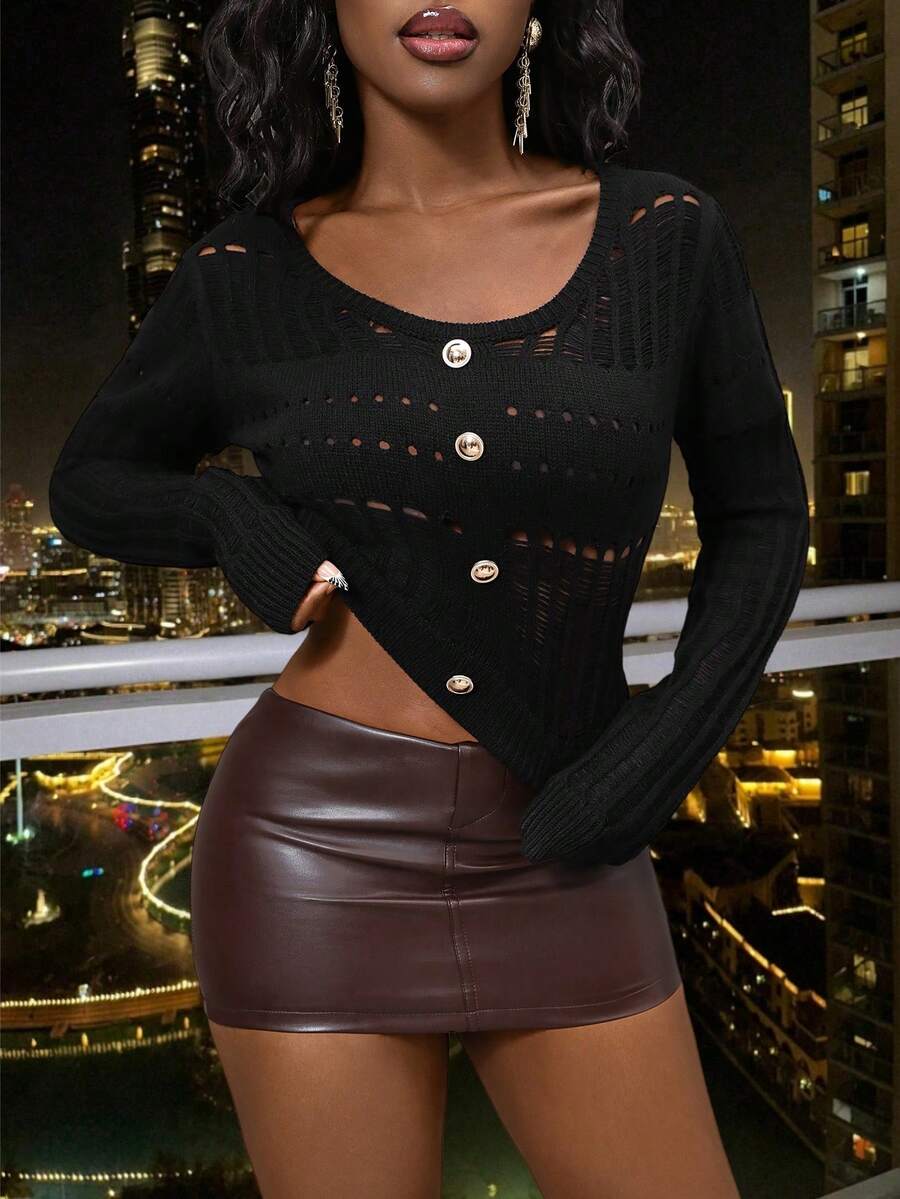 Glyssa Women's Vintage Stockholm Style Graphic Pullover Sweater, Elegant Versatile For Dates, Work, Office, Business Casual, Winter, Suit, Top, Party, Black Hollow Sweater