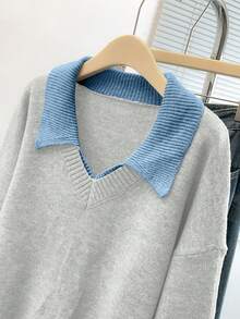 SHEIN PETITE CURVE 大码灰色V领撞色长袖针织衫，通勤舒适 - 淺灰色 - 查看 3