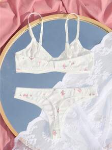 Floral Print Underwire Bra & Panty Lingerie Set - White - View 2