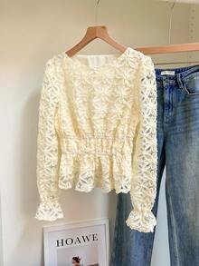 SHEIN Frenchy Women's Elegant French-Style Fitted Waist Solid Color 3D Floral Long-Sleeved Blouse, Spring Women's Clothing, Summer Women's Clothing, Beachwear, Outdoor Top, Women's Elegant Blouse, Women's Vacation Wear, Women's White Top,Valentine Clothes ,Summer Holiday Outfits Resort - Apricot - View 4