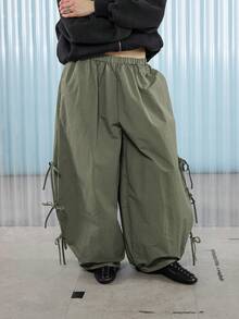 COUREZ 低腰宽松灯笼裤，带系带细节 / Y2K 外出穿搭 秋季女装 秋装 冬装 阔腿裤 - 軍綠色 - 查看 5