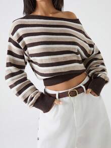 LYSMO 2025 New Minimalist Winter For Women's Casual Striped Asymmetric Shoulder Cropped Long Sleeve Sweater , Christmas Jumper New Year Thanksgiving For Women Graduation Season Stylish Collection Y2K, Sweaters For Women - Multicolor - View 4