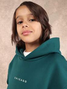 SUMWON Teal Chicago Text Pullover Hoodie And Matching Sweatpants Co-Ord Set With Centre Pocket Elastic Waist Casual Comfort Wear Outfit Vacation - Green - View 6