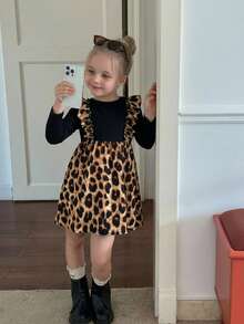 Emery Rose Kids Emery Rose Kids 女童圆领长袖豹纹拼接荷叶边下摆二合一时尚连衣裙 - 棕色 - 查看 5