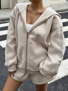 Muchica 2pcs This Two-Piece Women's Winter Hooded Zip-Up Sweatshirt And Pants Set Features Embroidered Lettering. The Casual Sweatshirt And Long-Sleeved Top Are Suitable For Graduation Ceremonies, Back-To-School Season, Graduation Ceremony, Female Teacher Attire, Fall/Winter Back-To-School Season, And Christmas. - Apricot - View 4