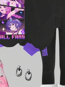 少女休闲街头风卡通动漫女团图案，可爱动漫韩流风，黑紫撞色，圆领舒适长袖卫衣和打底裤两件套，适合秋冬季节、外出、返校、演唱会等场合。 - 彩色 - 查看 7