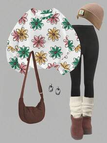 2pcs Tween Girls White Floral Print Sweatshirt And Leggings Set,Cute Back-To-School Autumn School Clothes,Sweet&Fresh Round Neck Long Sleeve Outfit - Multicolor - View 3