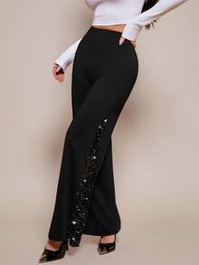 SHEIN PETITE Ladies Elegant Mesh & Glitter Splice Black Slim Straight Leg Pants, Fit For Commuting, Casual And Daily Wear, Spring/Summer - Black - View 2