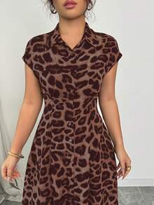 Rafferiza Women's Elegant Leopard Print Collared Short Sleeve Button Down Waist Dress - Mocha Brown - View 3