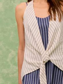 Nöista Striped Midi Dress In Navy  White With A With Front Knot.  Perfect For Spring Summer Outfits Casual Chic Styling  Effortless Everyday Formal Event Weeding Guest Pool Party Festival.  Vacation Luxury Going Out  Wedding  Party    Festival  Holiday  Summer - Navy Blue - View 7