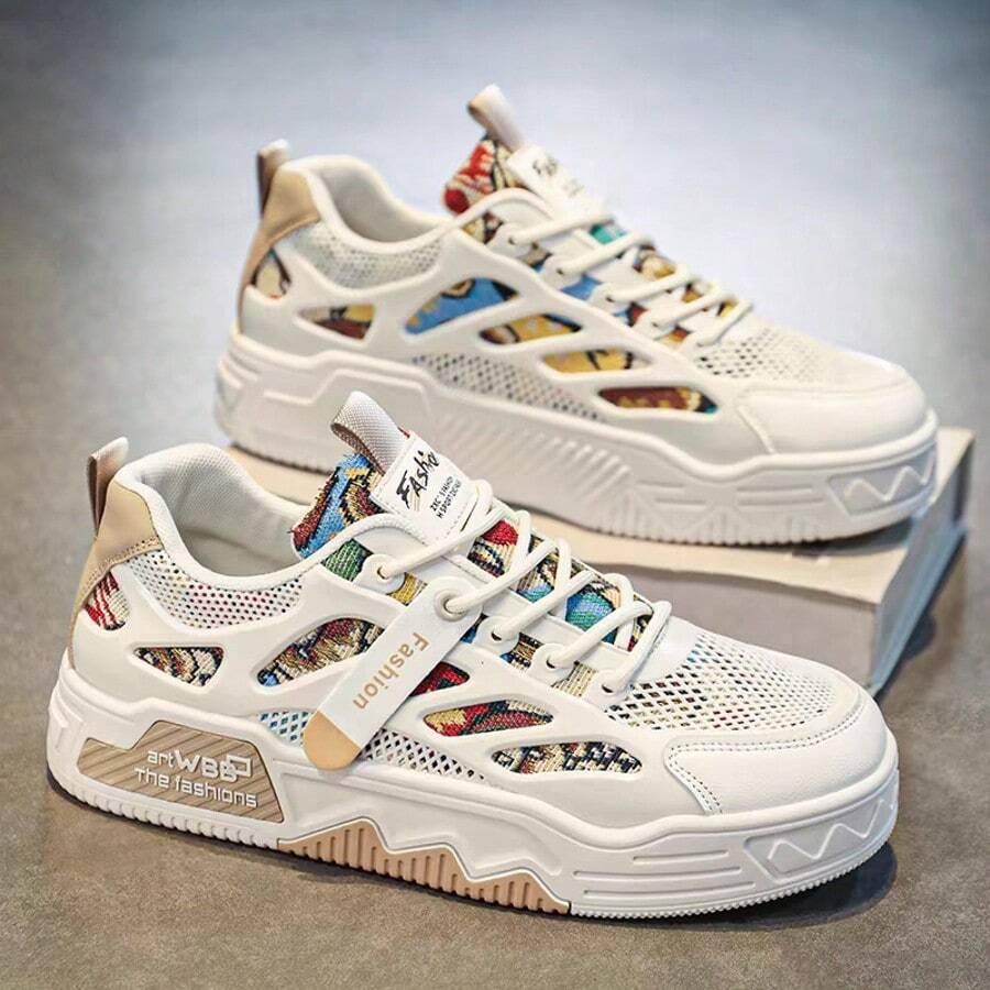 ISPORTE Zapatillas de tenis para hombre, nuevas zapatillas deportivas informales, zapatillas de skate con suela gruesa para hombre, estilo urbano, con estampados de grafitis de moda y diseños de patrones aleatorios. Antideslizantes y amortiguadoras, ligeras y cóm - Caqui - Ver 1