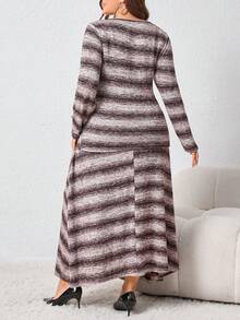 Modelyn Plus Size Women 2-Piece Set: Striped Knit Sweater With Decorative Buttons & Minimalist Skirt, Elegant & Fashionable, Suitable For Spring/Autumn - Brown - View 2