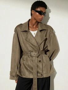 Aveloria Modichic 秋冬新款加厚仿麂皮翻领风衣，女士短款 - 軍綠色 - 查看 3