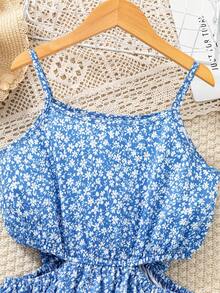 Tween Girls' Casual Ditsy Floral Spaghetti Strap Dress, Spring/Summer Vacation - Blue - View 7