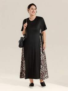 Momelise Robe ample en tricot léopard avec patchwork, col rond, grande taille - Multicolore - Voir 3