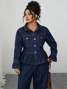 Elenzga Áo khoác denim xanh đậm thanh lịch và thoải mái cỡ lớn dành cho nữ, mùa thu/đông - Rửa tối - Xem 6