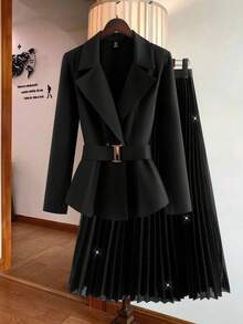 SHEIN LUNE Ensemble 2 pièces grande taille pour femmes, veste unie de ville et jupe brillante - Noir - Voir 2