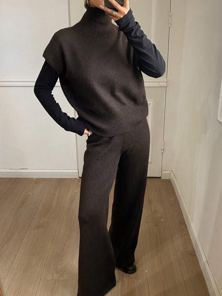 Women's Solid Color Turtleneck Knitted Vest And Knitted Pants Casual 2 Pieces Set, Autumn/Winter