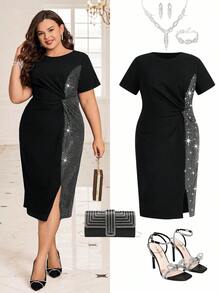 Gownix 大码女式休闲开衩下摆收腰短袖连衣裙 - 銀色 - 查看 1