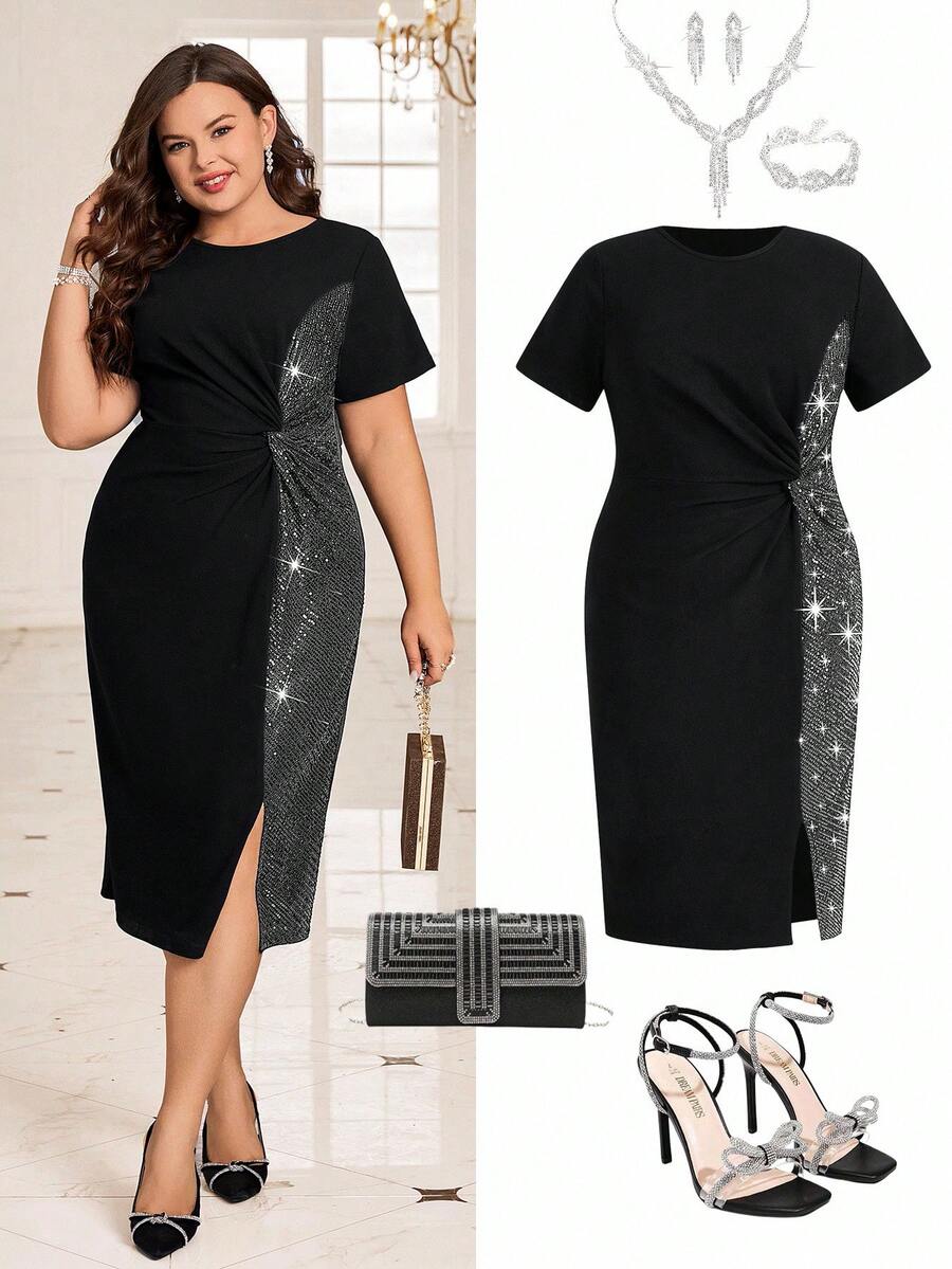 Gownix 大码女式休闲开衩下摆收腰短袖连衣裙 - 銀色 - 查看 1