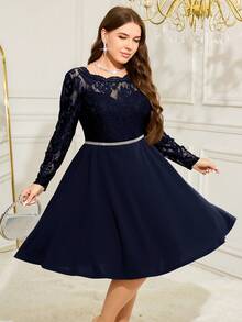 SHEIN Clasi Vestido de otoño de talla grande en verde oliva con parches de encaje en corte evasé, adecuado para fiestas/carnavales - Azul - Ver 1