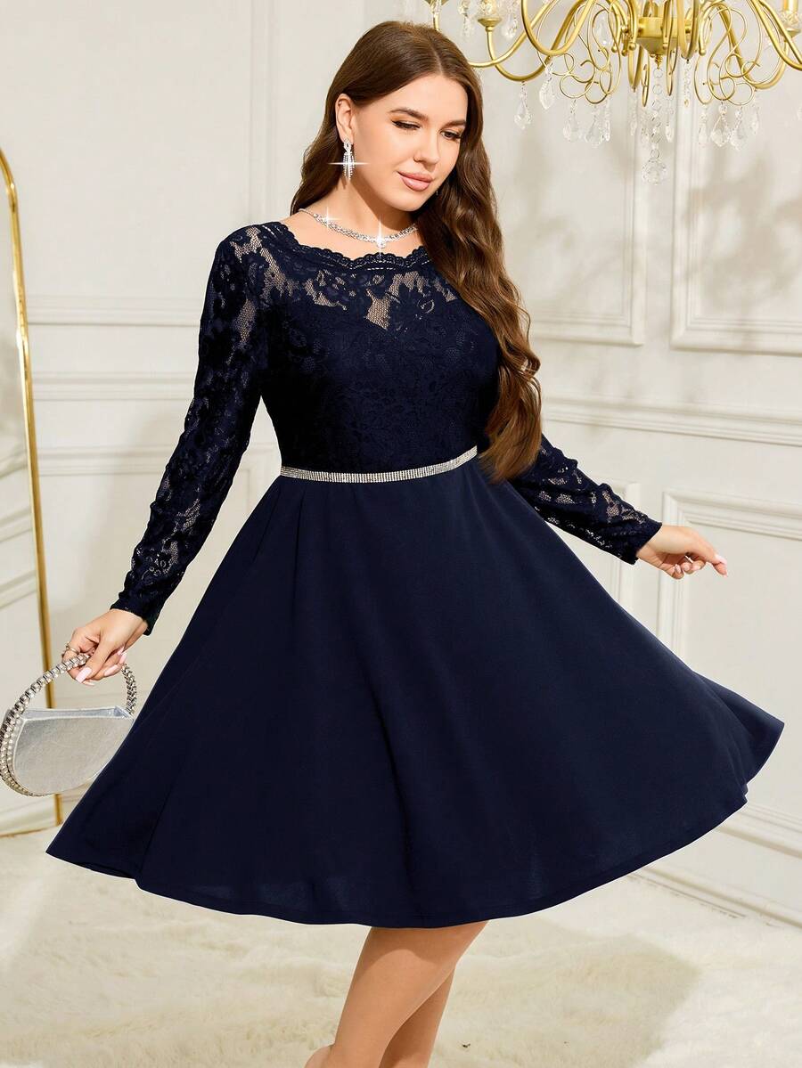 SHEIN Clasi Vestido de otoño de talla grande en verde oliva con parches de encaje en corte evasé, adecuado para fiestas/carnavales - Azul - Ver 1