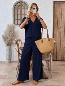 EMERY ROSE Women's Vacation Casual Solid Color Shirt And Pants 2 Pieces Set Navy Blue Set Pant Suit Summer Sets Linen Two Piece Set Casual Jumpsuit Navy Blue Jumpsuit Women's Summer Set Casual Sets For Women Casual Women Outfits Summer Outfits Vacation - Navy Blue - View 3