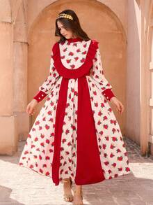 1 Piece Teen Girls Elegant Vintage Red Rose Floral Print Maxi Dress White Autumn Holiday Celebration Wear,Long Buttoned Sleeves Ruffled Trim Outfit - Multicolor - View 4