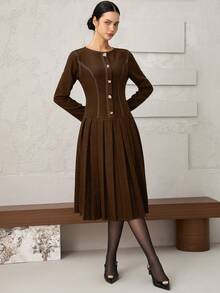 Heiryn Váy denim in họa tiết bất đối xứng xếp ly thắt eo thanh lịch mới - màu nâu - Xem 4