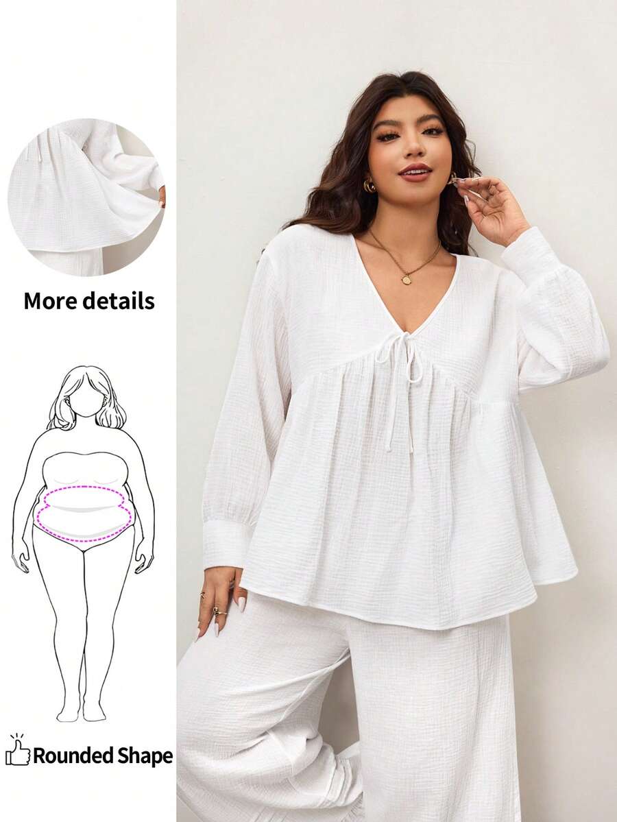 Enliva Plus Size Women Loose White Soft Touch Long Sleeve Shirt For 2026 New Year, For Apple & Rounded Body Shape - White - View 1