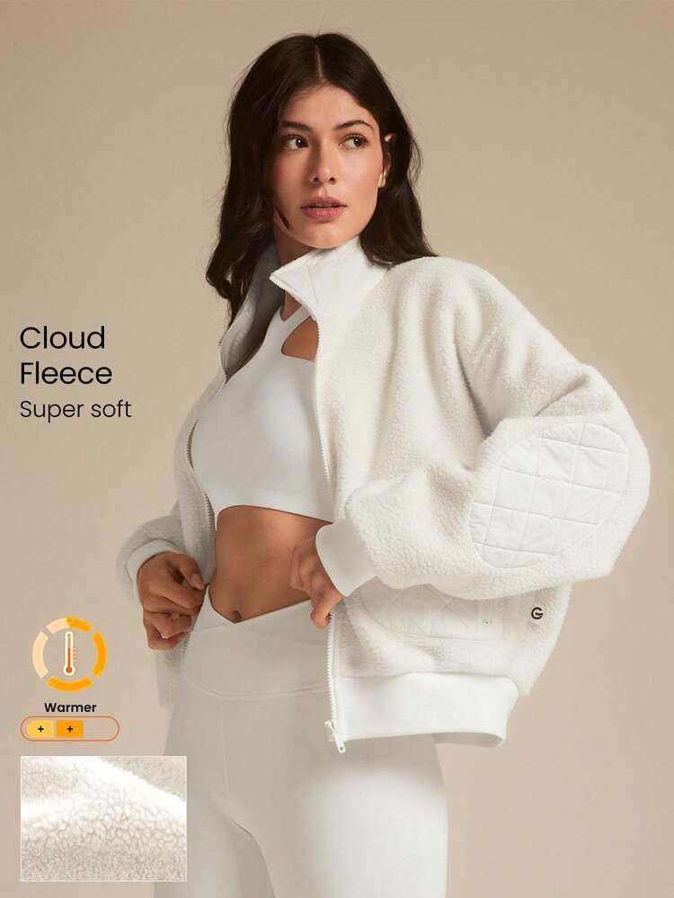 Cloud Fleece Fuzzy Feels Cozy Warm Lightweight Stand Collar Ribbed Cuffs Hem Hip-Length Relaxed-Fit Fleece Bomber Jacket Autumn Winter Outdoor Daily Casual
