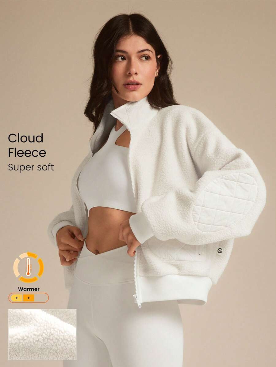 GLOWMODE Cloud Fleece Fuzzy Feels Cozy Warm Lightweight Stand Collar Ribbed Cuffs Hem Hip-Length Relaxed-Fit Fleece Bomber Jacket Autumn Winter Outdoor Daily Casual - White - View 1