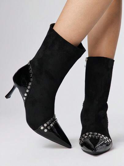 Grunge Punk Women's Studded Pointed Toe Stiletto Ankle Boots