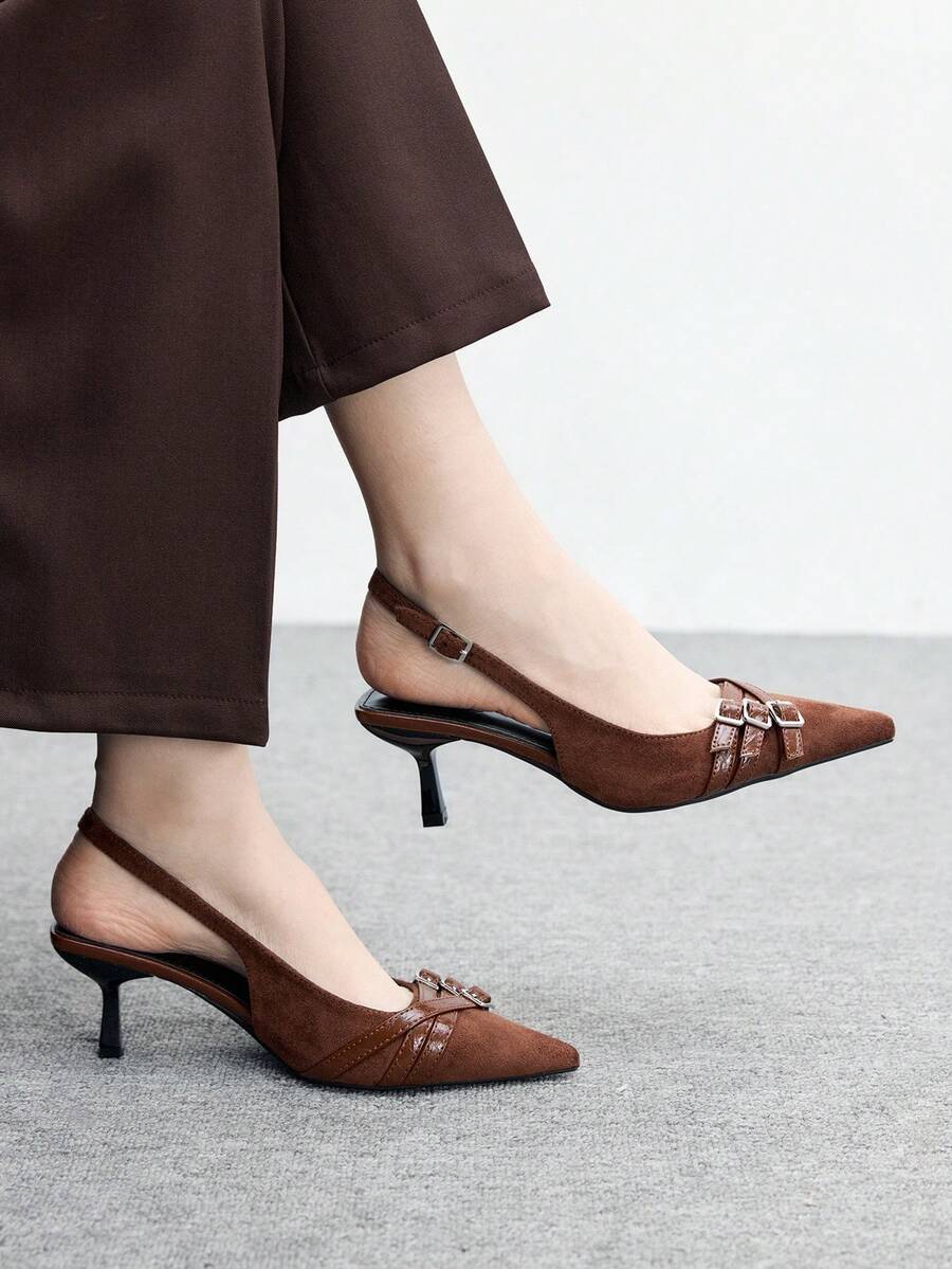 CUCCOO BIZCHIC Giày cao gót mũi nhọn thiết kế khóa cài thời trang, đa năng, thanh lịch cho nữ - Cà phê nâu - Xem 1