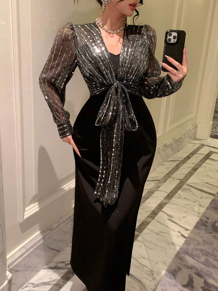 Women's Sequin Mesh Tie Front Fitted Dress New Years Women Outfit Carnival Sparkly Dress Maxi Dress