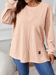 SHEIN VCAY Plus Size Casual Solid Color Side Slit T-Shirt - Apricot - View 4