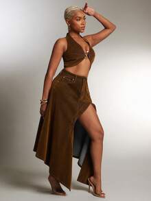 Denimoi Asymmetrical Slit Denim Skirt, Fashionable, Denim Midi Skirt, High Slit Skirt, Sexy Skirt - Brown - View 4