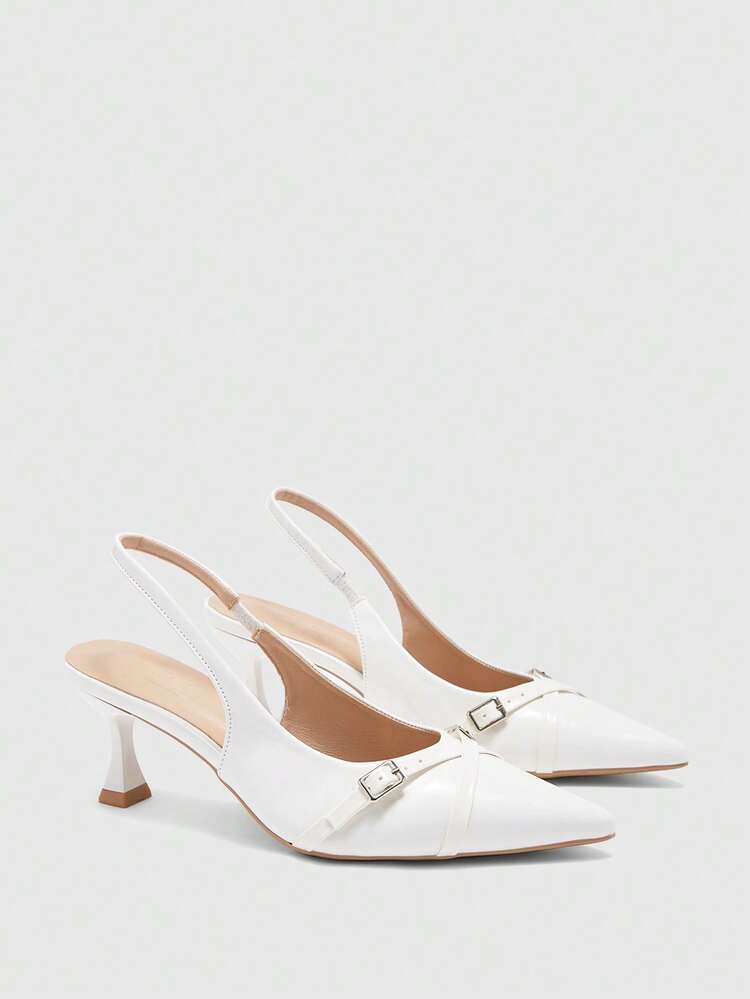 CUCCOO BIZCHIC Women's Pointed Toe Stiletto Heel White Backstrap High Heel Pumps, Slingback Dress Shoes For Outdoor, Commute, Party, Banquet, Office Wear Valentine's Day Spring Shoes