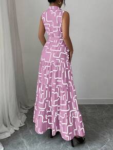 Elenzga New V-Neck Graphic Print Button Sleeveless Tie Waist Slim Fit Dress For Women - Baby Pink - View 2