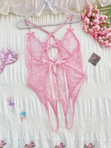 SHEIN 粉色蕾丝蝴蝶结装饰露背开裆性感紧身衣 - 粉色 - 查看 2
